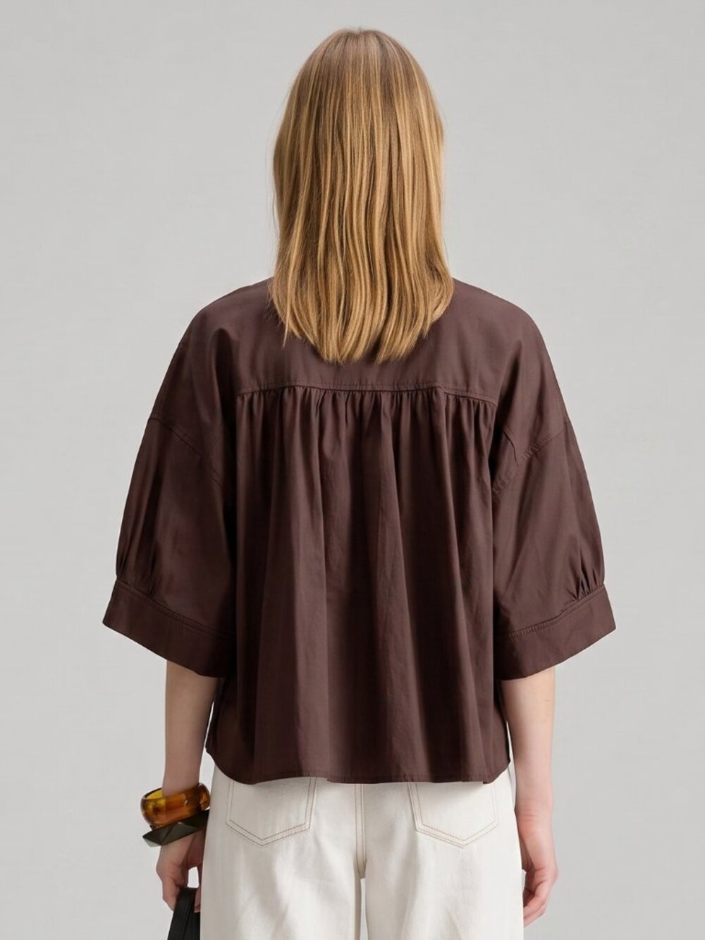 Women's Brown Cotton Button Front Cropped Top 3/4 Sleeve Casual Blouse - Picture 2 of 4